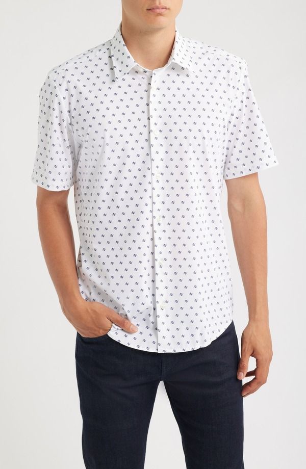 ボス メンズ トップス シャツ プリント ナイロン BOSS Liam Geo Print Short Sleeve Stretch Nylon ButtonUp Shirt Open White ホ