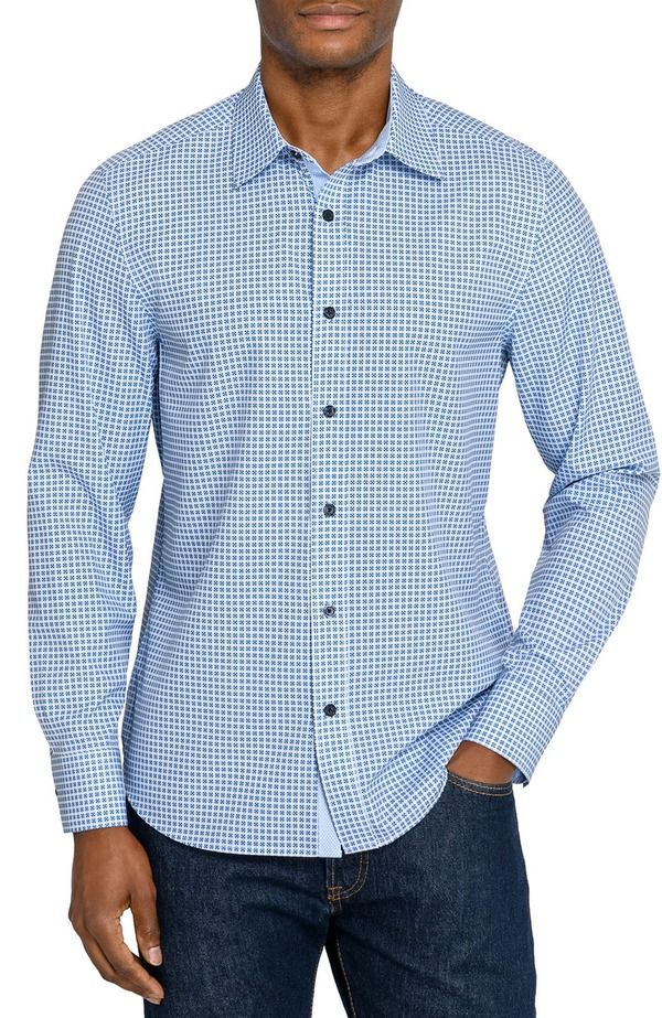 コンストラクト メンズ トップス シャツ スリムフィット CONSTRUCT Slim Fit Round Geo Woven Long Sleeve Basic Shirt NavyBlue ネイビ