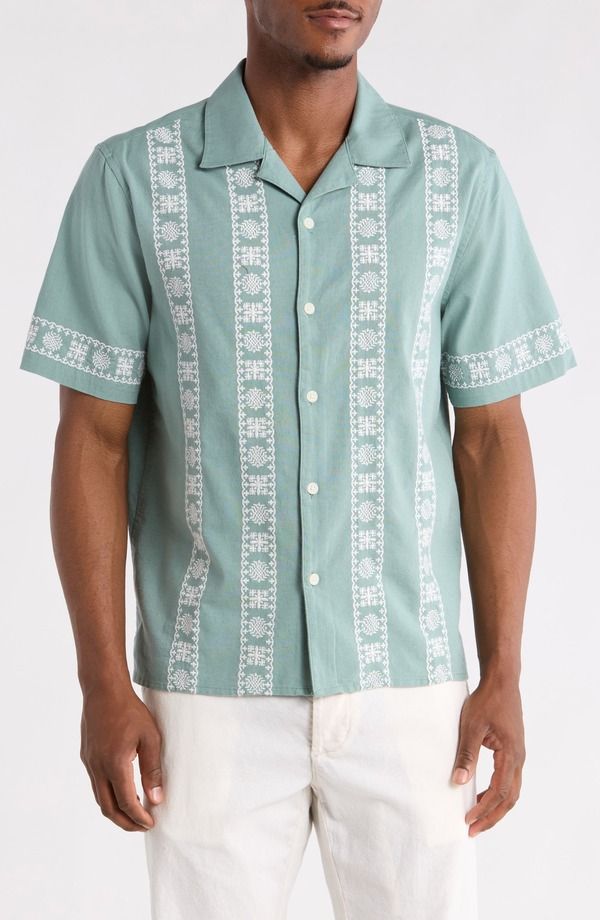 ワックスロンドン メンズ トップス シャツ コットン 刺繍 リネン Wax London Didcot Embroide red Cotton Linen Camp Shirt Sea Green E