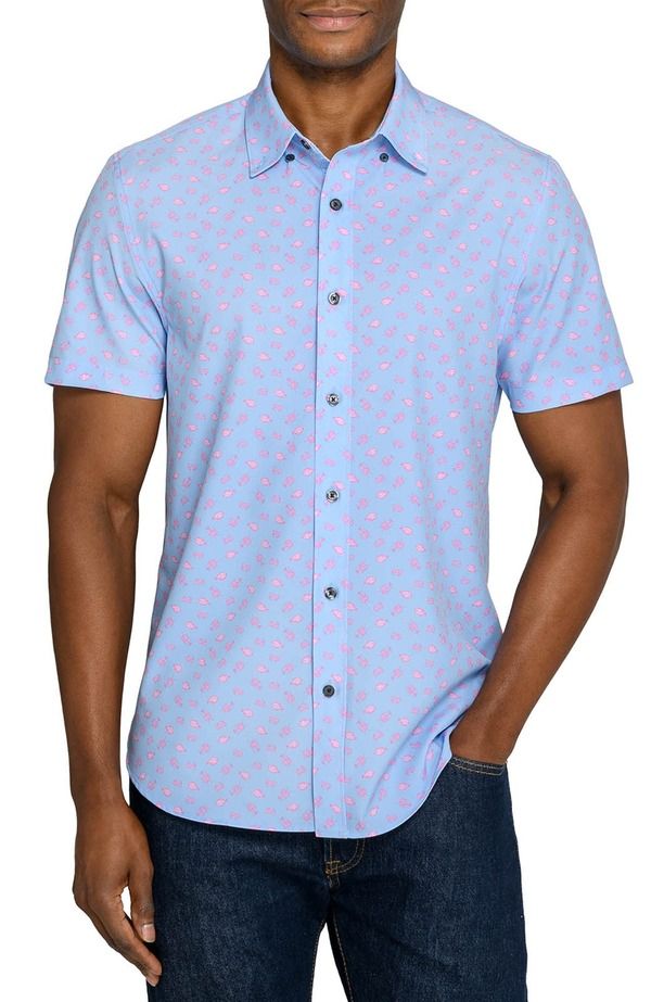 コンストラクト メンズ トップス シャツ スリムフィット CONSTRUCT Slim Fit Crustaceans Woven Short Sleeve Basic Shirt DenimPink