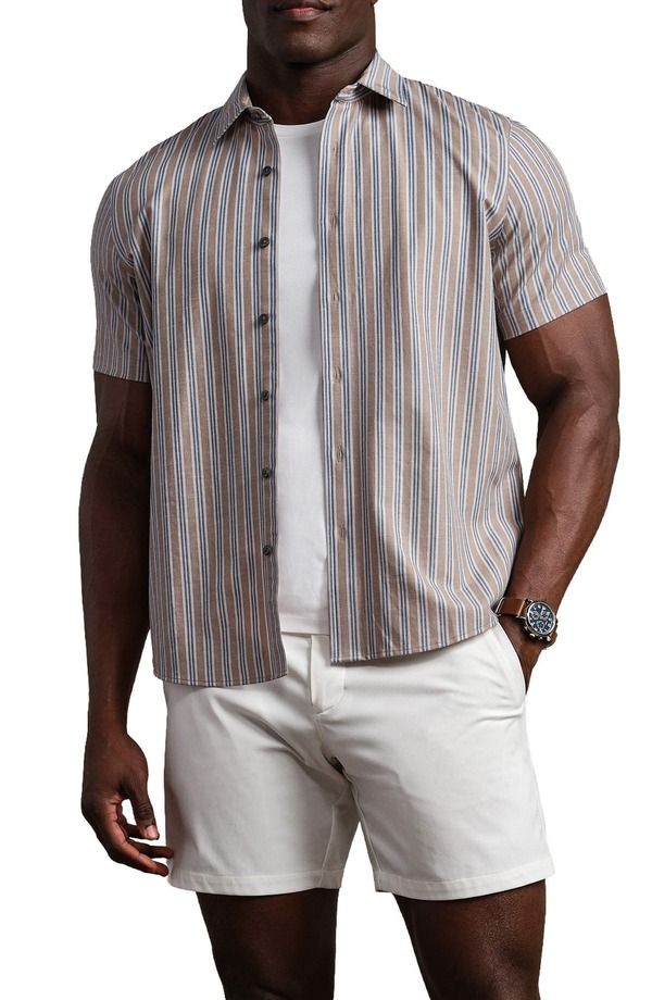 ローヌ メンズ トップス シャツ Rhone Brezza Performance Short Sleeve ButtonUp Shirteak Brown Vintage Stripe ブラウン