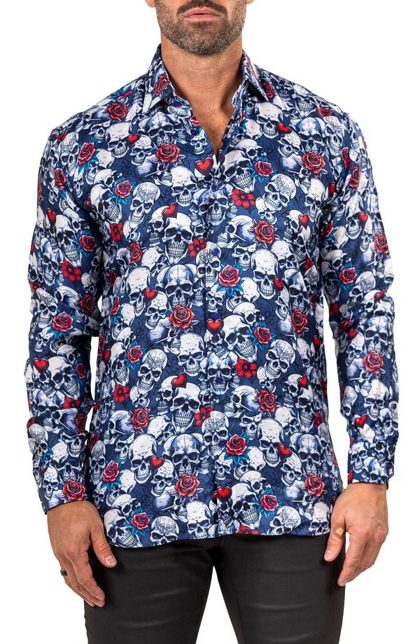マセオ メンズ トップス シャツ プリント Maceoo Fibonacci Mathyr0242 Blue Skull Print ButtonUp Shirt Blue ブルー