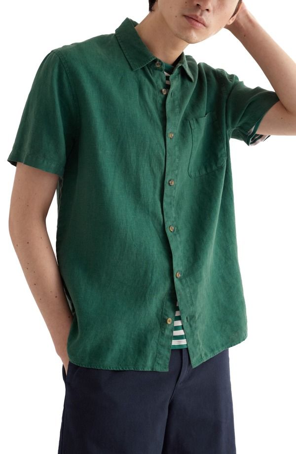 シーソルトコーンウォール メンズ トップス シャツ リネン Seasalt Cornwall Carne Short Sleeve Linen ButtonUp Shirt Ruscus Leaf