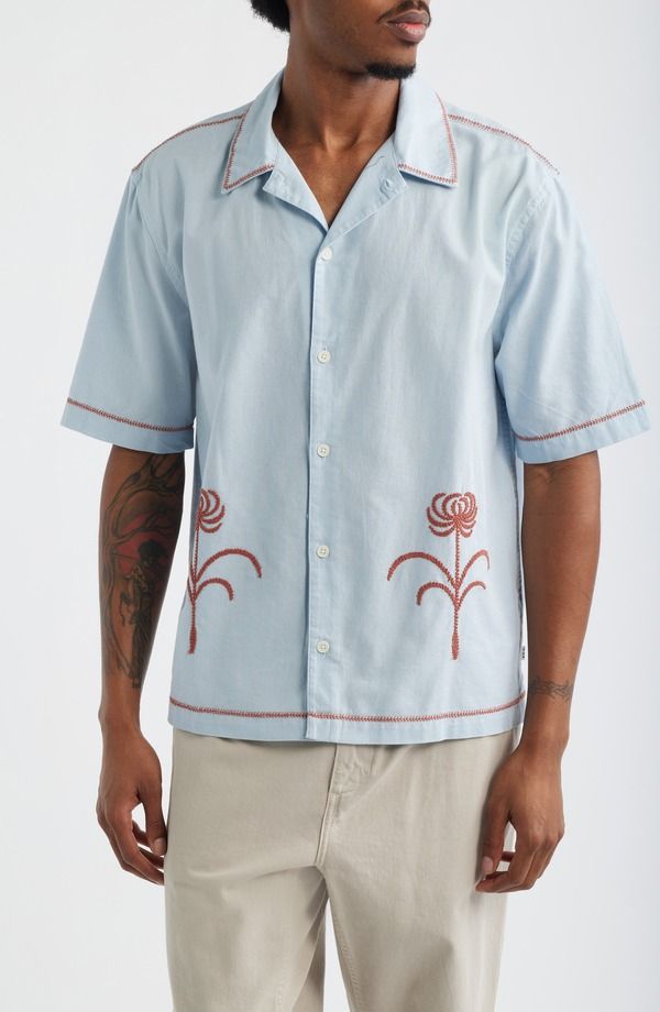 ワックスロンドン メンズ トップス シャツ 刺繍 Wax London Keats Embroide red Short Sleeve ButtonUp Shirt Light Blue Rust ブ
