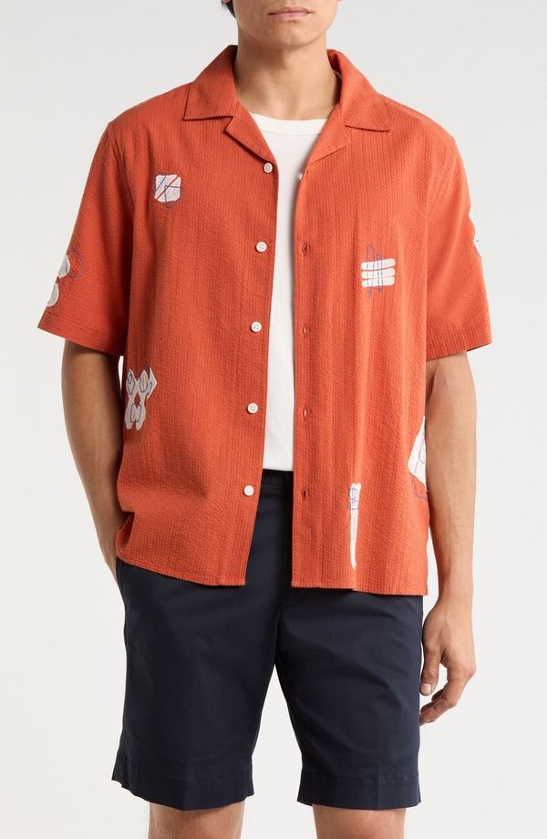 ワックスロンドン メンズ トップス シャツ コットン Wax London Didicot Scribble Appliqu Cotton Seersucker Camp Shirterracotta