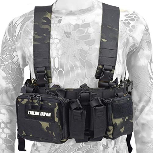 【TAILOR JAPAN】チェストリグ 軽量 ライトウェイト タクティカルベスト サバゲー ベスト ポーチ マガジンポーチ 黒 1000Dナイロン製 (ブラック迷彩)Ju