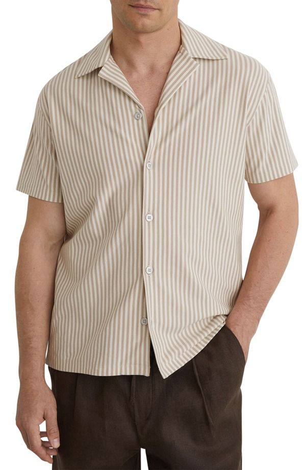 レイス メンズ トップス シャツ コットン Reiss Aurelia Stripe Cotton Blend Camp Shirt Stone White ホワイト