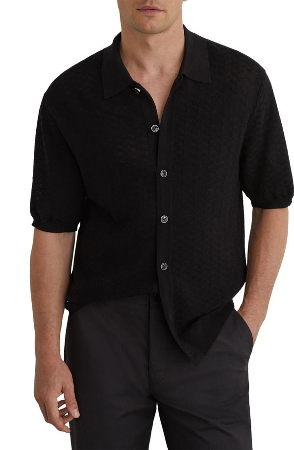 レイス メンズ トップス シャツ ニット Reiss Phoenix Chevron Knit ButtonUp Shirt Black ブラック