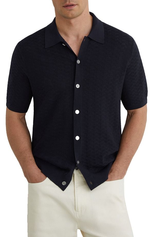 レイス メンズ トップス シャツ ニット Reiss Phoenix Chevron Knit ButtonUp Shirt Navy ネイビー