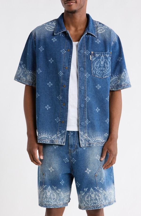 クリミナルダメージ メンズ トップス シャツ プリント デニム CRIMINAL DAMAGE Laser Print Denim Shirt Mid Blue ブルー
