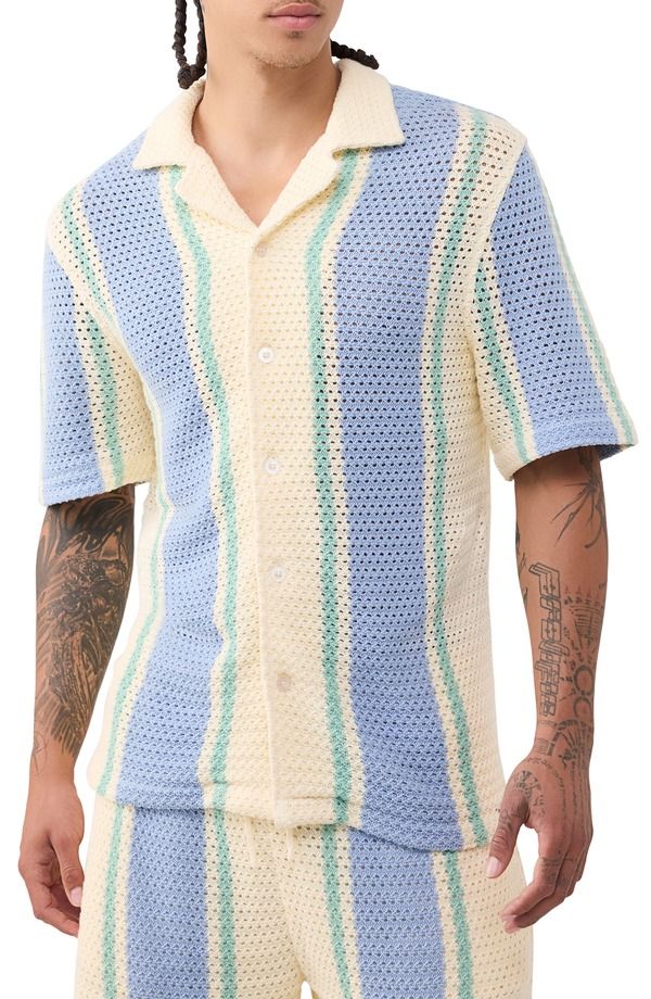 トゥルーレリジョン メンズ トップス シャツ True Religion OG Stitch Camp Shirt Winter White Blue Bell ホワイト