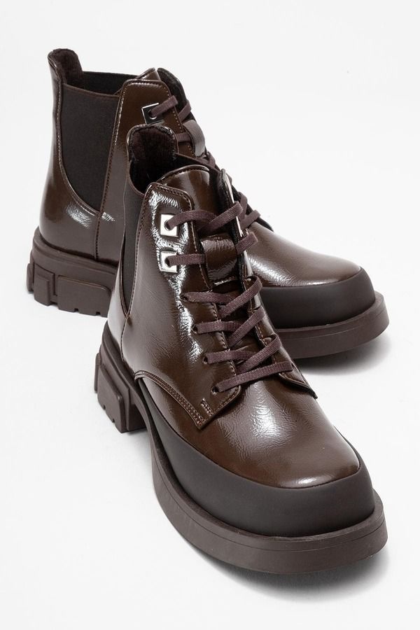 プロローグシューズ レディース ブーツ・レインブーツ Prologue Shoes Challo Combat Boot Brown Patent Faux Leather ブラウン