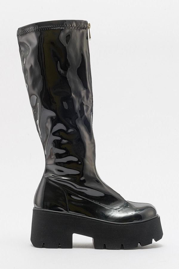 プロローグシューズ レディース ブーツ・レインブーツ Prologue Shoes Amaronte Chunky Boot Black Patent Faux Leather ブラック