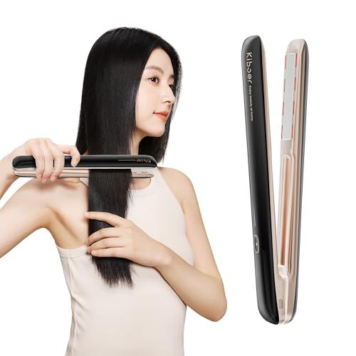 Kiboer 超音波トリートメント ヘアアイロン 美髪ケア 髪質改善 超音波アイロン ディープトリートメント トリートメント導入器 ツヤ髪 1MHz超音波 遠赤外線 赤色 温熱ヒーターLED ヘアケア ヘアダメージ補修 電池残量可視 IPX6 9deb5ab2