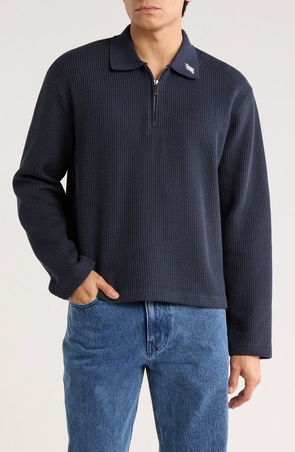 オナーザギフト メンズ トップス ポロシャツ ニット HONOR THE GIFT Wavy Knit Long Sleeve Zipolo Navy ネイビー