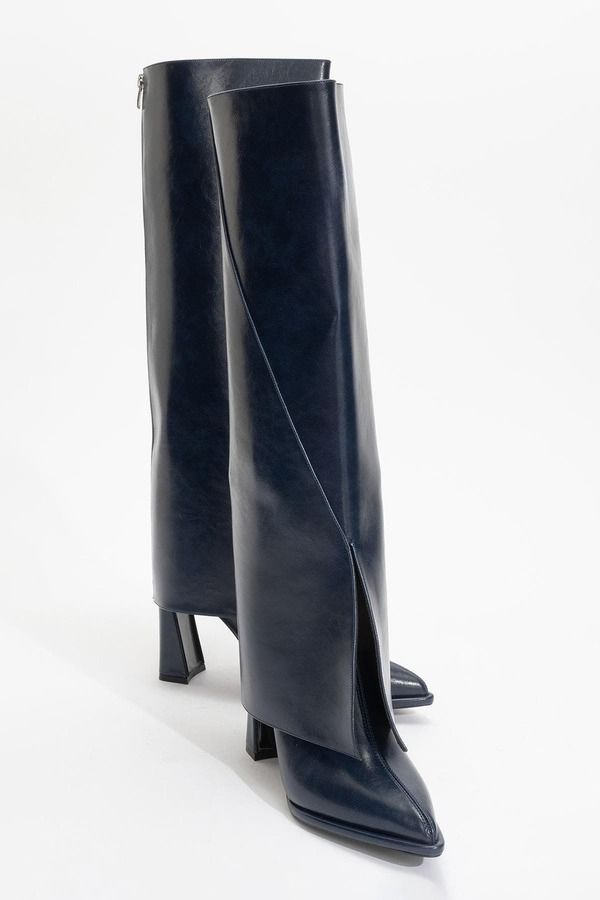 プロローグシューズ レディース ブーツ・レインブーツ ヒール Prologue Shoes Aja Block Heel Convertible Knee High Boot Navy Faux Le