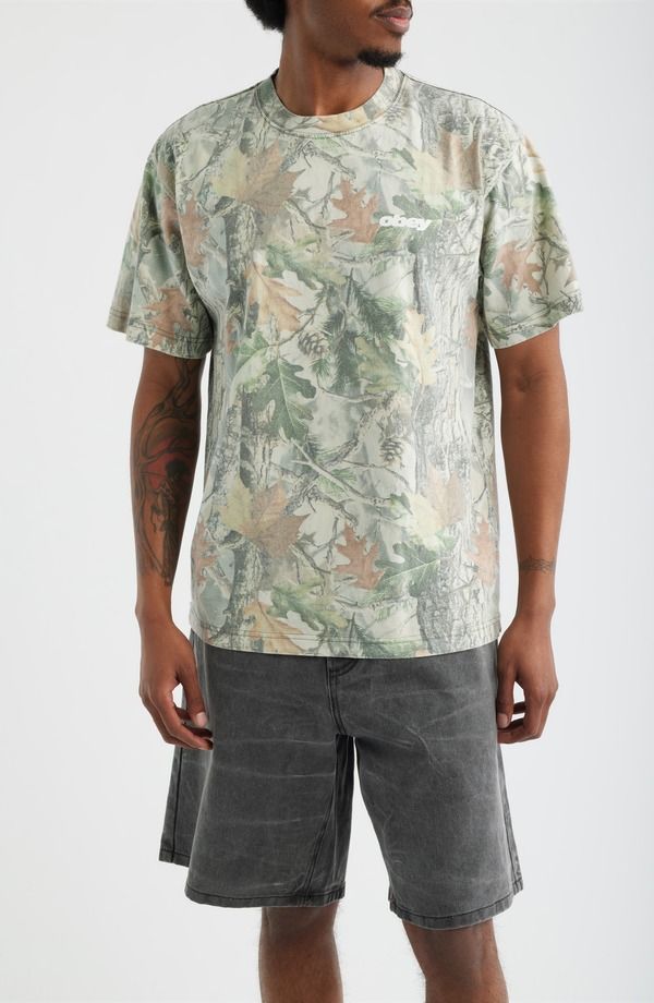 オベイ メンズ トップス Tシャツ プリント コットン Obey Get Up Leaf Print Cotton TShirt Leaf Camo