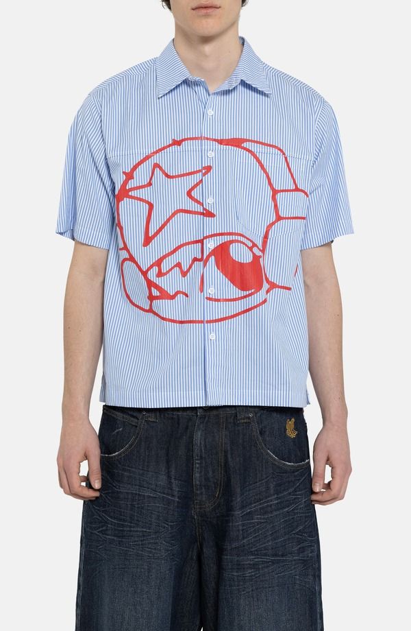 ジェーデッド メンズ トップス シャツ グラフィック JADED LONDON Poster Stripe Short Sleeve Graphic ButtonUp Shirt Blue ブルー