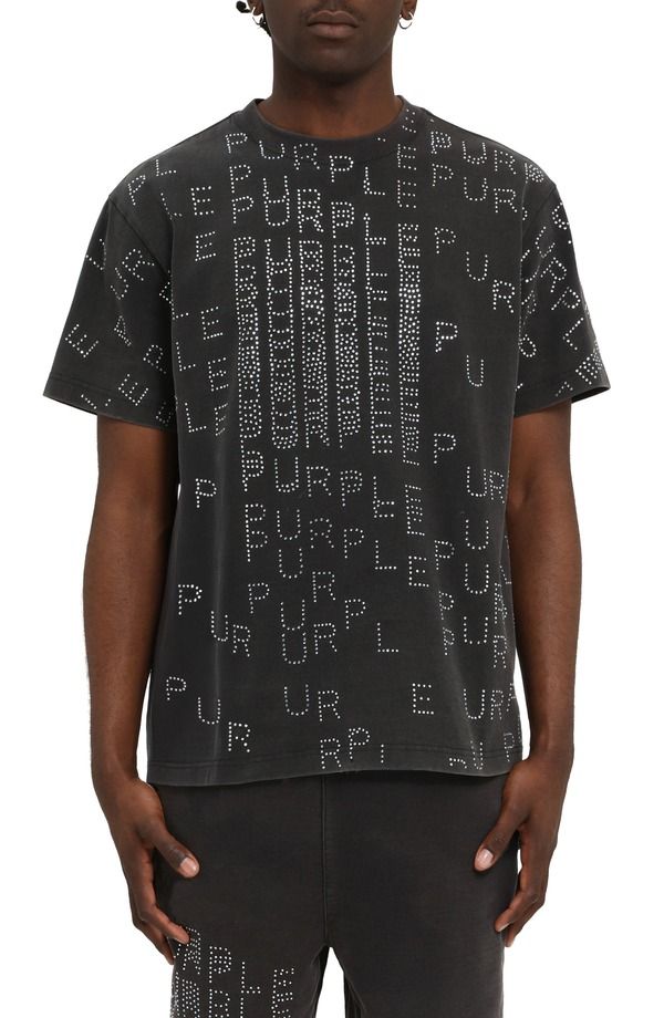 パープルブランド メンズ トップス Tシャツ ジャージー ロゴ PURPLE BRAND Studded Logo Heavyweight Jersey TShirt Black ブラック