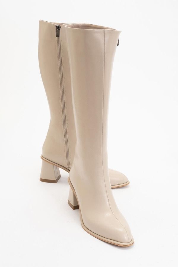 プロローグシューズ レディース ブーツ・レインブーツ ヒール Prologue Shoes Paradis Block Heel Knee High Boot Beige Faux Leather ベ