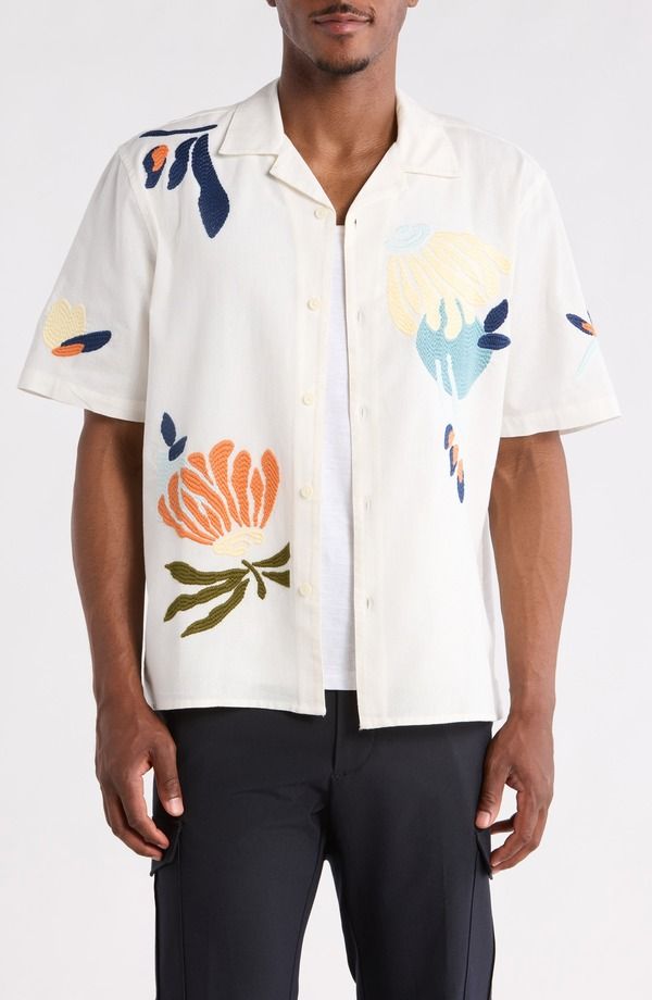 ワックスロンドン メンズ トップス シャツ コットン 刺繍 リネン Wax London Didcot Embroide red Cotton Linen Camp Shirt Ecru Multi