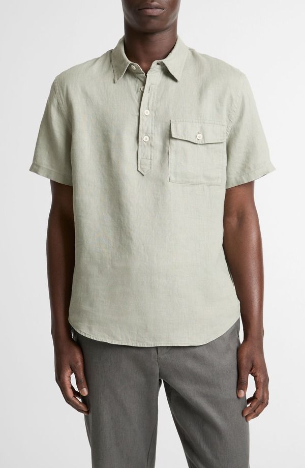ヴィンス メンズ トップス シャツ リネン Vince Short Sleeve Linen Popover Shirt Matcha