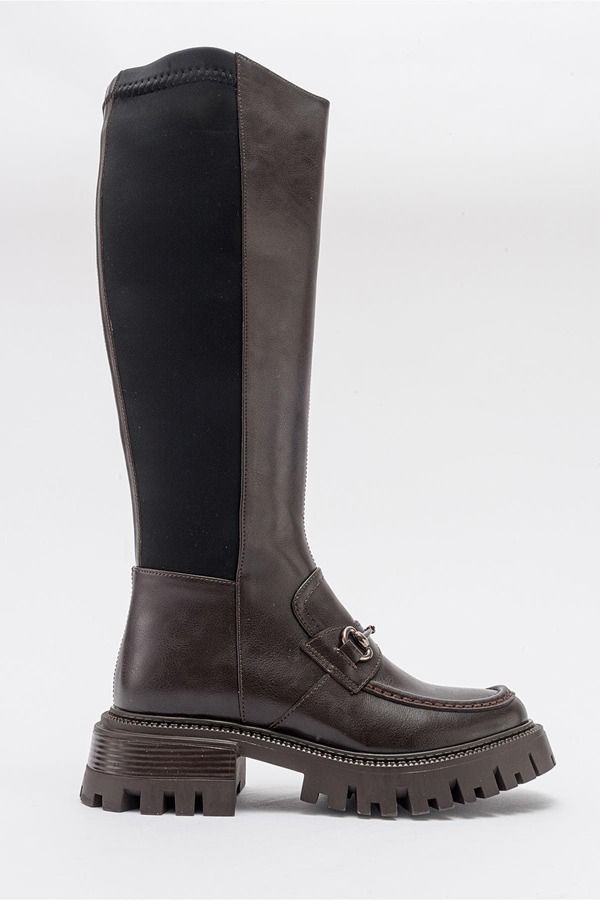 プロローグシューズ レディース ブーツ・レインブーツ Prologue Shoes Chapel Buckle Stretch Boot Brown Stretch Faux Leather ブラウン