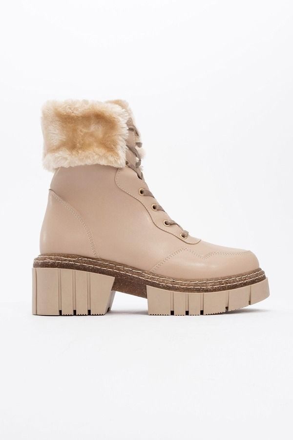 プロローグシューズ レディース ブーツ・レインブーツ Prologue Shoes Faith Fur Chunky Boot Beige Faux Leather ベージュ
