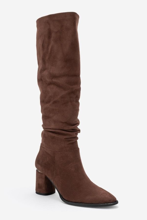 プロローグシューズ レディース ブーツ・レインブーツ ヒール Prologue Shoes Vianella Block Heel Knee High Boot Brown Suede Faux Le