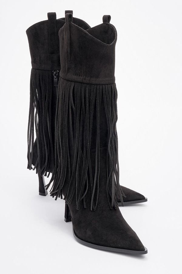 プロローグシューズ レディース ブーツ・レインブーツ フリンジ Prologue Shoes Gueras Fringe Pointed Toe Boot Black Suede Faux Leath