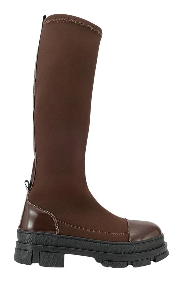 プロローグシューズ レディース ブーツ・レインブーツ スキューバ Prologue Shoes Bella Stretch Scuba Knee High Boot Brown Faux Leathe