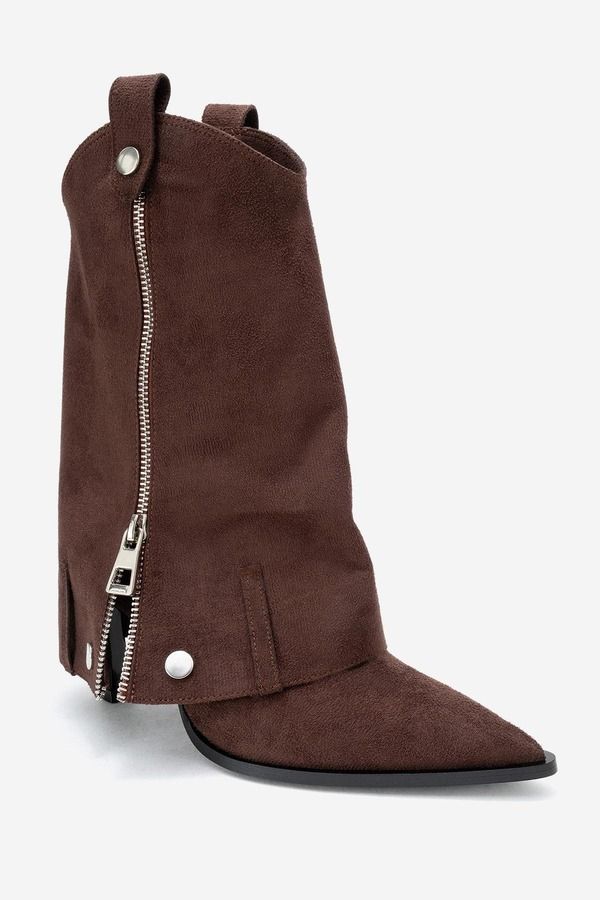 プロローグシューズ レディース ブーツ・レインブーツ ヒール Prologue Shoes Lola Zipointed Toe Heel Boot Brown Suede Faux Leather