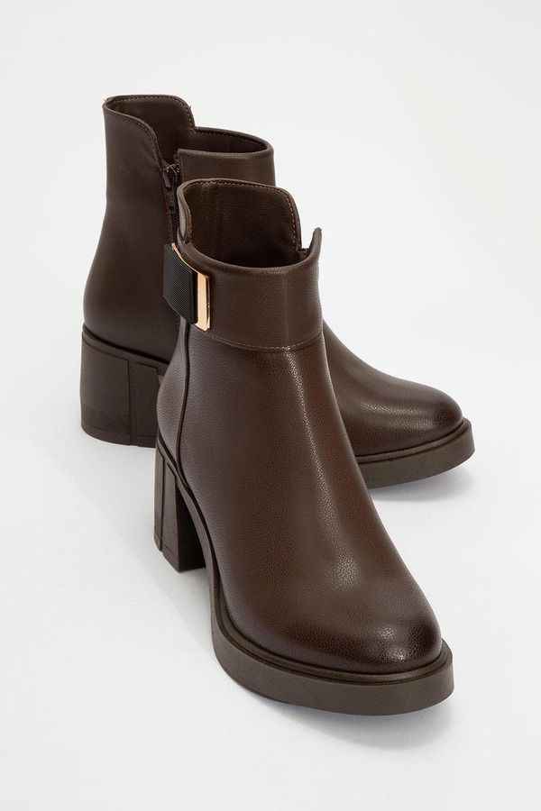 プロローグシューズ レディース ブーツ・レインブーツ ヒール Prologue Shoes Rashe Block Heel Zip Boot Brown Faux Leather ブラウン