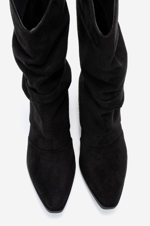 プロローグシューズ レディース ブーツ・レインブーツ ヒール Prologue Shoes Okus Buckle Block Heel Boot Black Suede Faux Leather ブ
