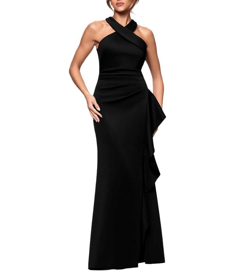 エスケープ レディース トップス ワンピース クレープ フリル スキューバ ホルター Xscape Halter Neck Scuba Crepe Side Ruffle Sheath Gown Bl