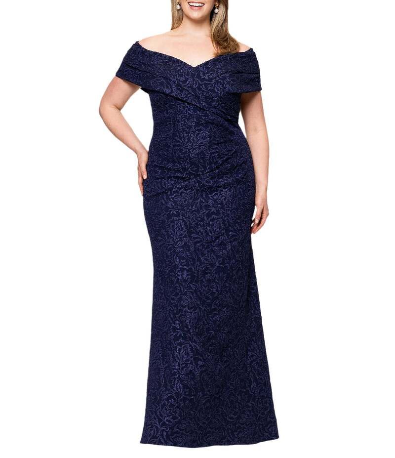 ベッツィアンドアダム レディース トップス ワンピース プラスサイズ Betsy Adam Plus Size Stretch Jacquard OfftheShoulder Dress NavyNa