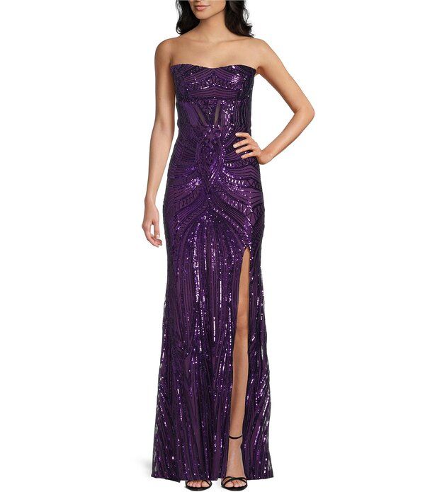 ビーダーリン レディース トップス ワンピース サイドスリット スパンコール ストラップレス レース B Darlin Sequin Patterned Strapless Corseted Lace