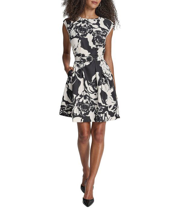 ダナキャラン レディース トップス ワンピース クルーネック フラワー柄 プリント キャップ フラワー DKNY by Donna Karan Floral Print Salon Stretch C