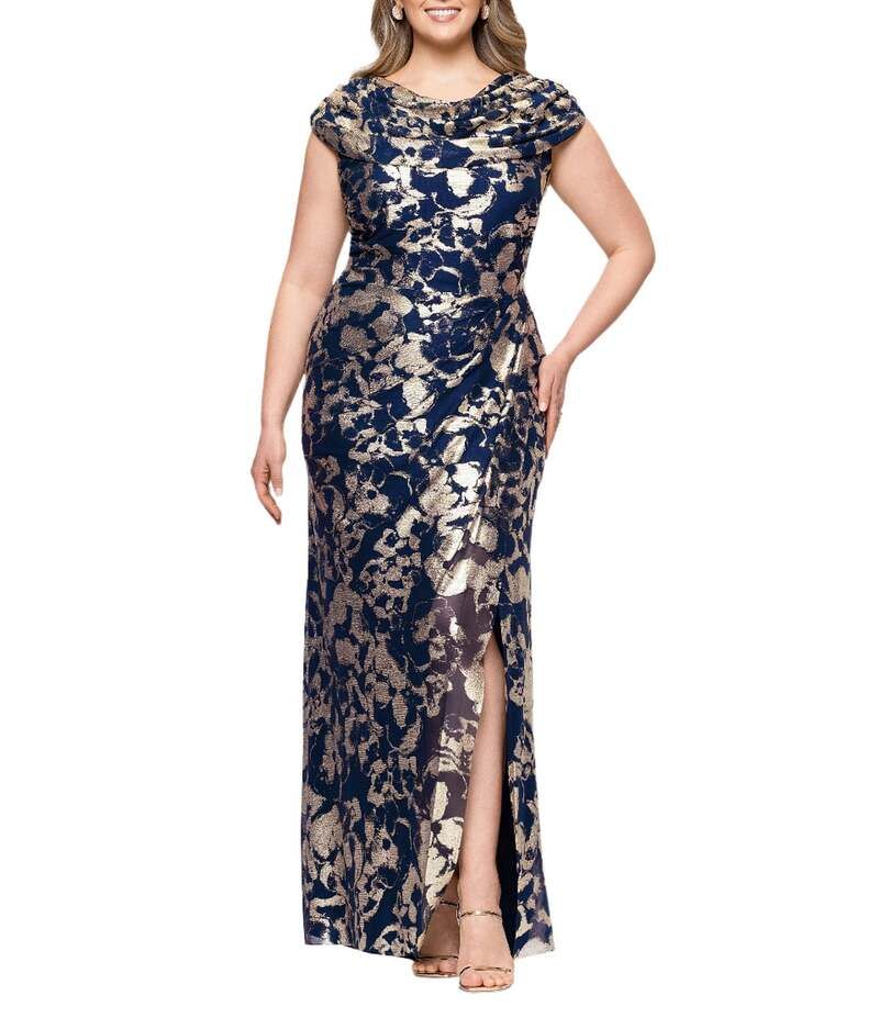ベッツィアンドアダム レディース トップス ワンピース プラスサイズ Betsy Adam Plus Size Cowl Neck Stretch Foil Dress NavyGold ネイビー