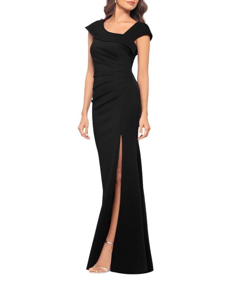 エスケープ レディース トップス ワンピース アシンメトリー プチ Xscape Petite Size Asymmetrical Neck Short Sleeve Sheath Gown Blac