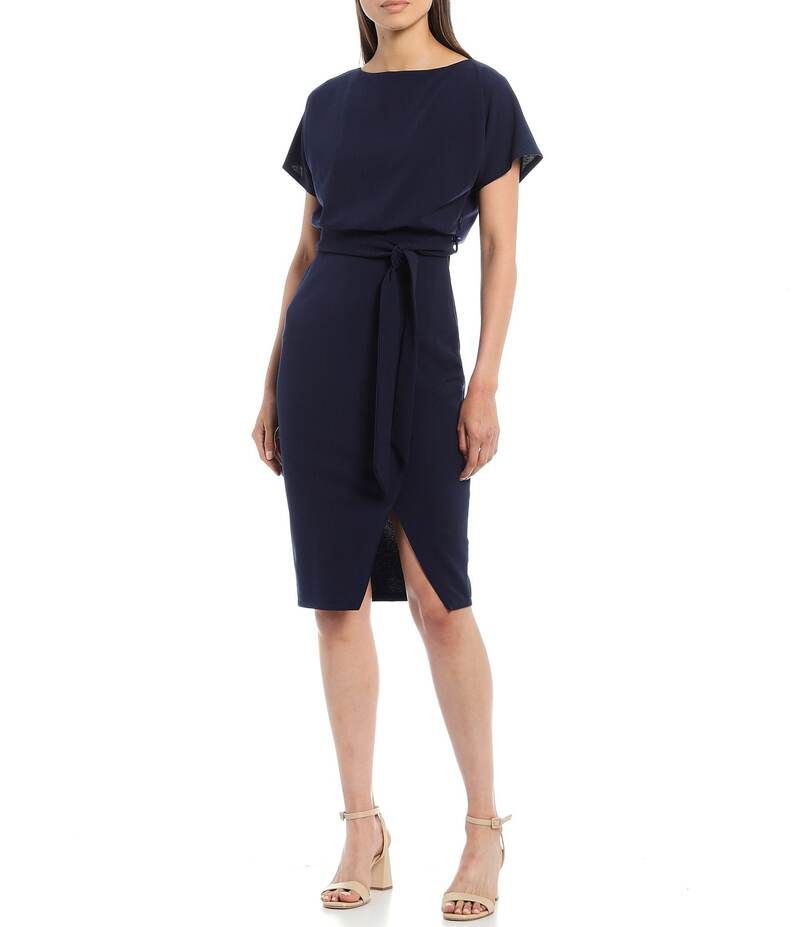 ケンジー レディース トップス ワンピース ニット Kensie Textured Knit Boat Neck SelfTie Waist Faux Wrap Blouson Dress Navy