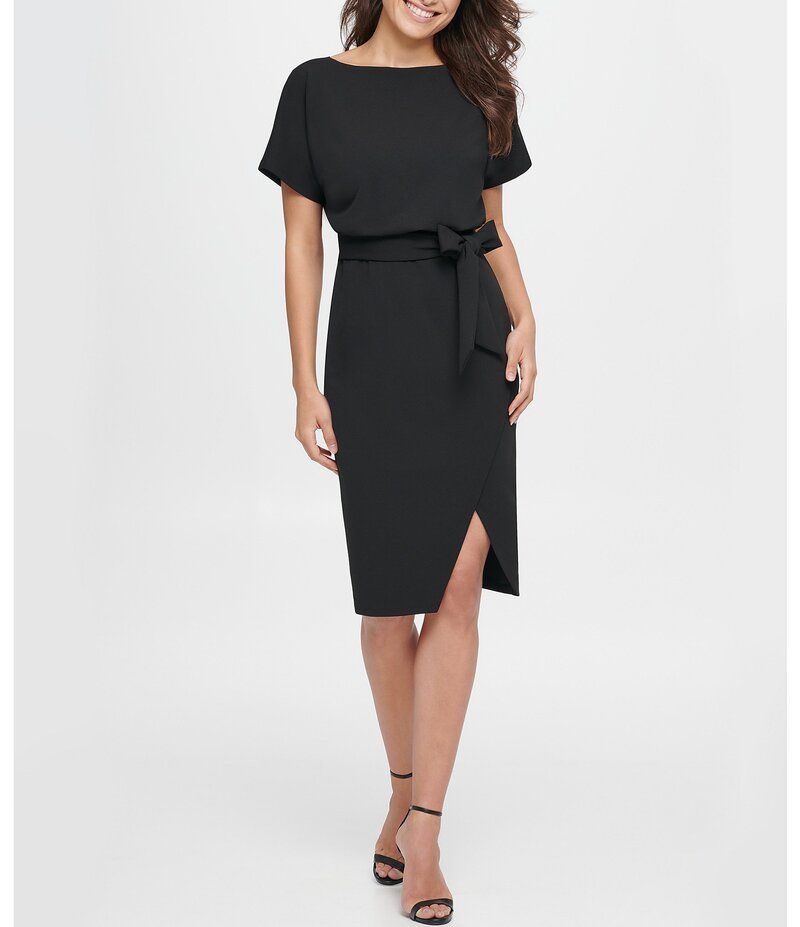 ケンジー レディース トップス ワンピース ニット Kensie Textured Knit Boat Neck SelfTie Waist Faux Wrap Blouson Dress Black