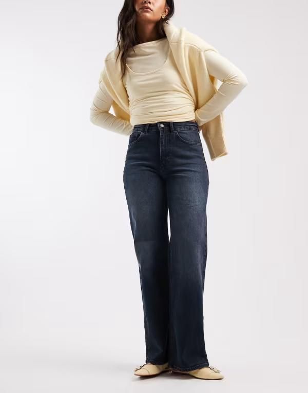 オンリー レディース ボトムス デニムパンツ ワイドレッグ デニム ジーンズ ONLY Juicy high rise wide leg jeans in dark blue denim MID BL