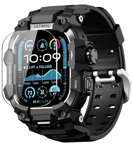 ULTIMAL に対応 Apple Watch Ultra 3/Ultra 2/Ultra（49mm）用 バンド一体型保護ケース 強化ガラスフィルム付き TPU 耐衝撃 高耐久 簡単装着 通気性 アウトドア/スポーツ向け ブラックma 2e900b2c