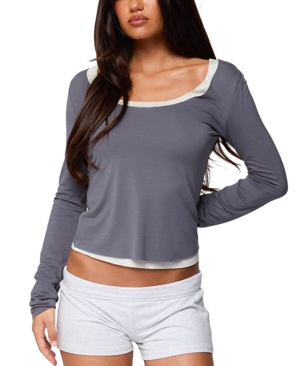 アディクテッド レディース トップス シャツ コントラスト Edikted Orella Contrast Layered Long Sleeve Top Navy ネイビー