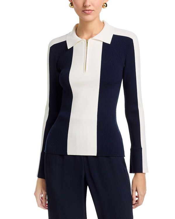 ティー・タハリ レディース アウター ニット・セーター ハーフジップ Tahari Long Bell Sleeved Color Blocked Collared Half Zip Sweater