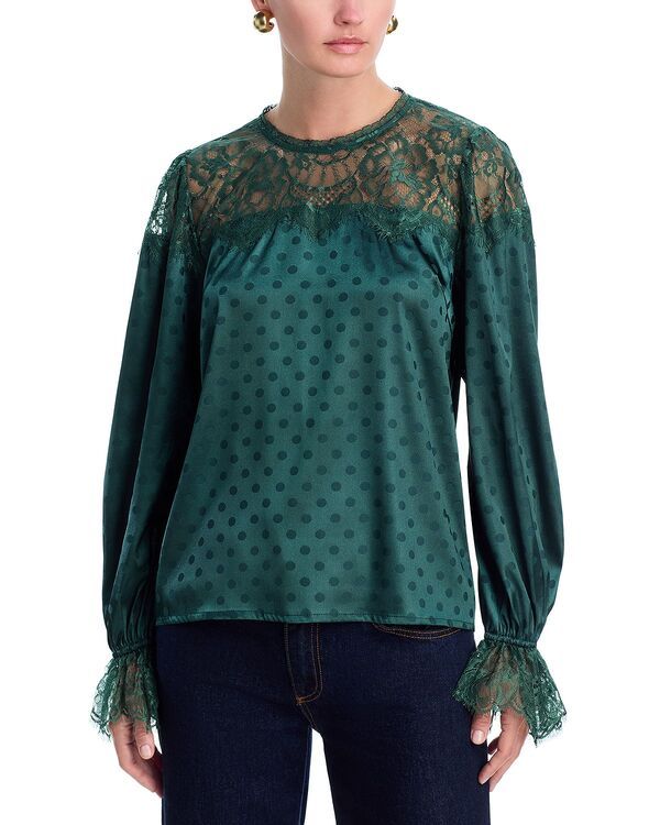 アクア レディース トップス シャツ ドット柄 ドット レース AQUA Polka Dot Lace Long Sleeve Top Exclusivemerald エメラルド