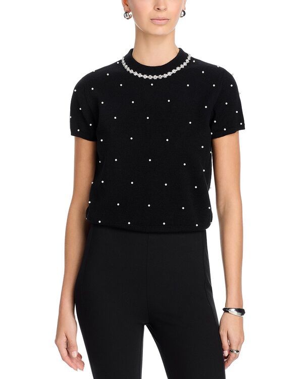 アクア レディース アウター ニット・セーター AQUA Faux Pearl Embellished Short Sleeve Sweater Exclusive Black ブラック