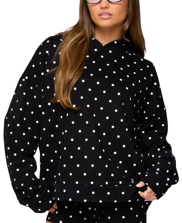 アディクテッド レディース アウター パーカー・スウェット ドット柄 ドット Edikted Chelsie Polka Dot Hoodie Black and White ホワイト