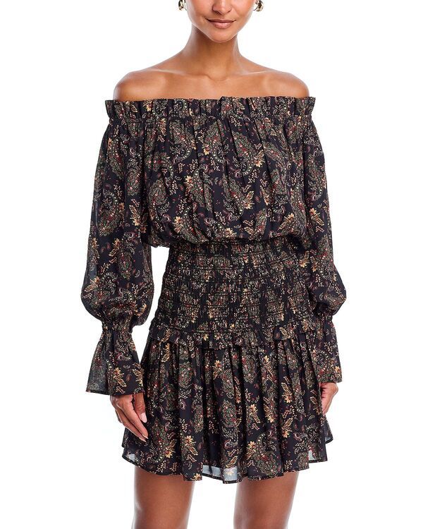アクア レディース トップス ワンピース ミニ シャーリング AQUA Off The Shoulder Smocked Mini Dress Exclusive Black Multi ブラック